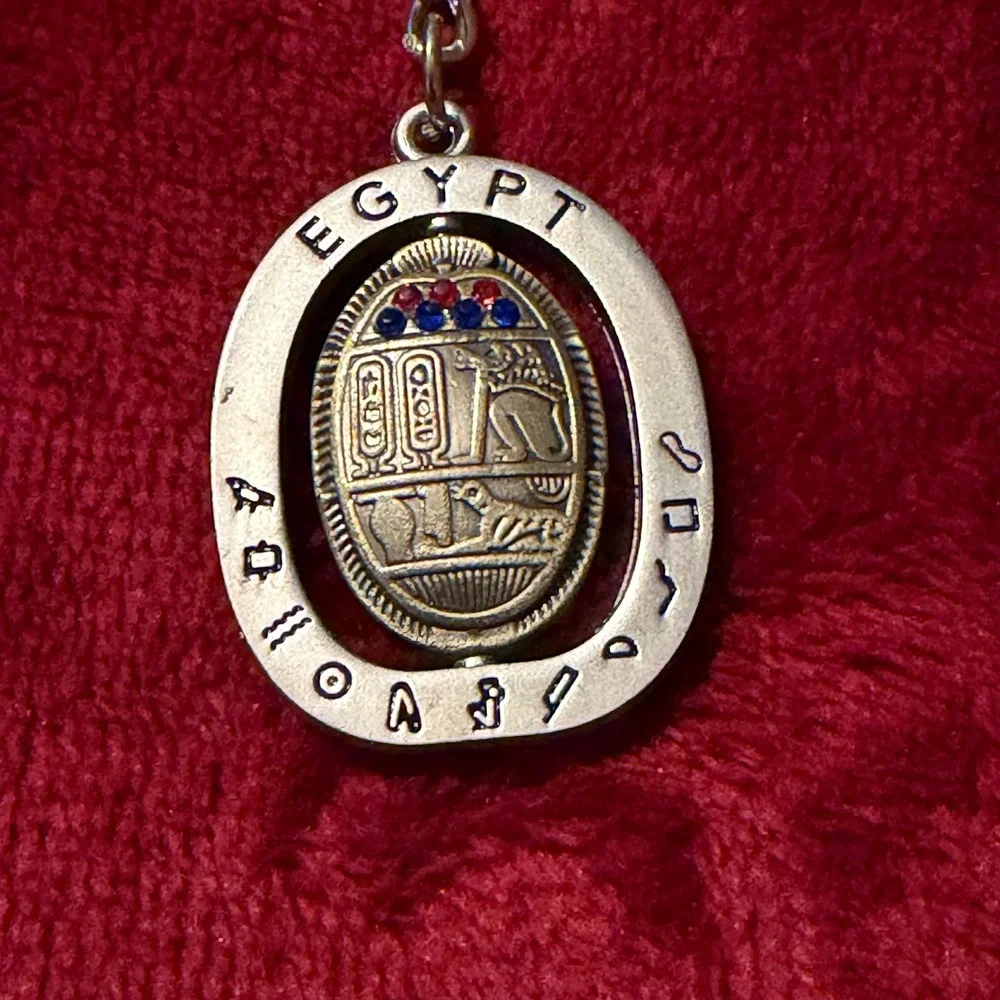 Vintage Egypt‎ Souvenir Keychain Spinning Hieroglyphic Medallion Rhinestone